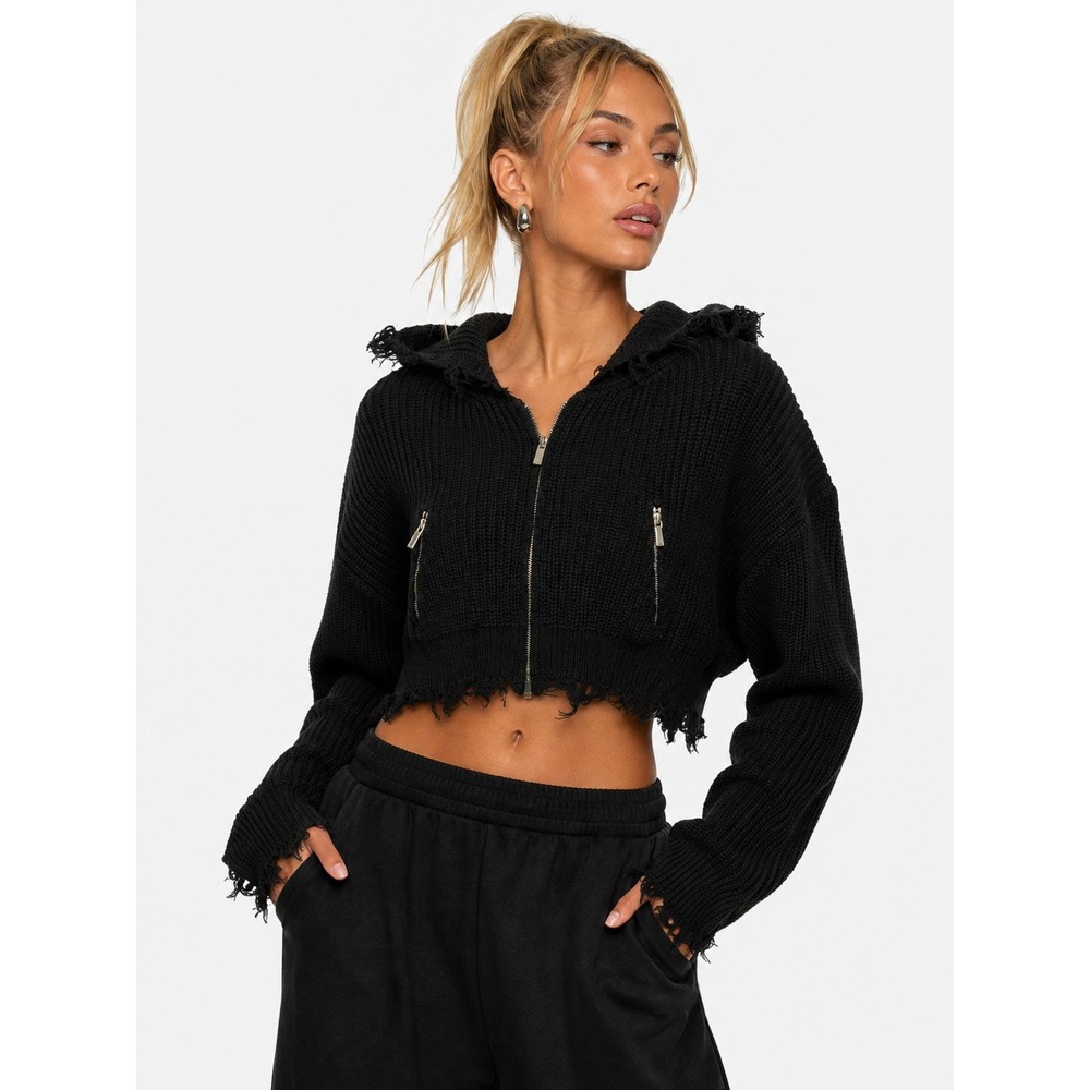 Maniere De Voir Black Distressed Cropped Full Zip Hooded Cardigan Sweater L NWOT